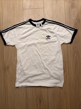 adidas White and Black Trefoil Ringer Tee with 3‑Stripe Detail